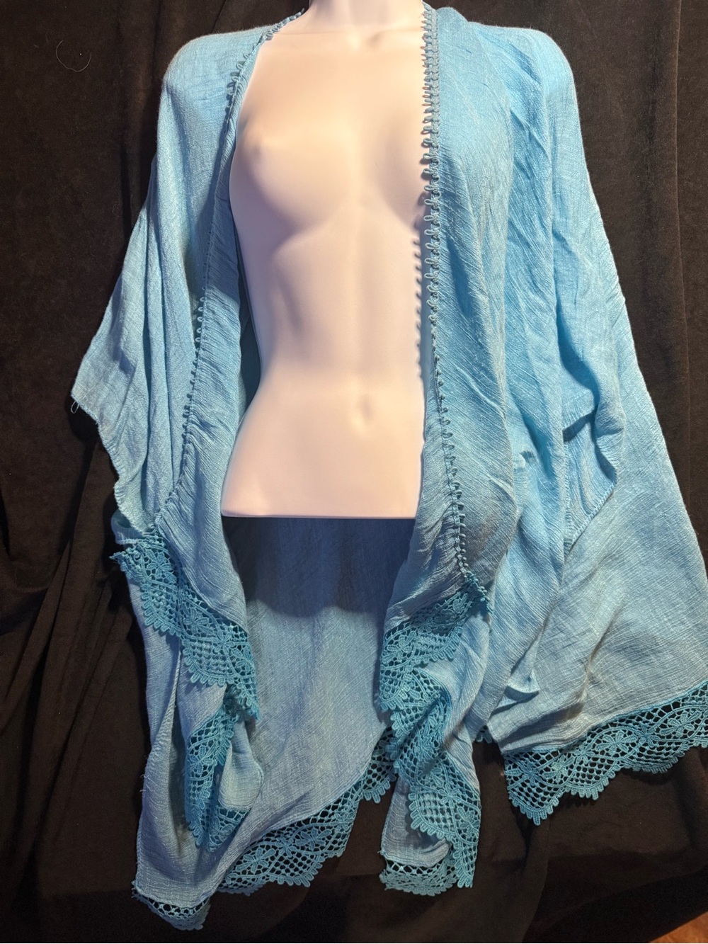 Treasure & Bond Light Blue Crochet-Trim Open-Front Poncho Sweater